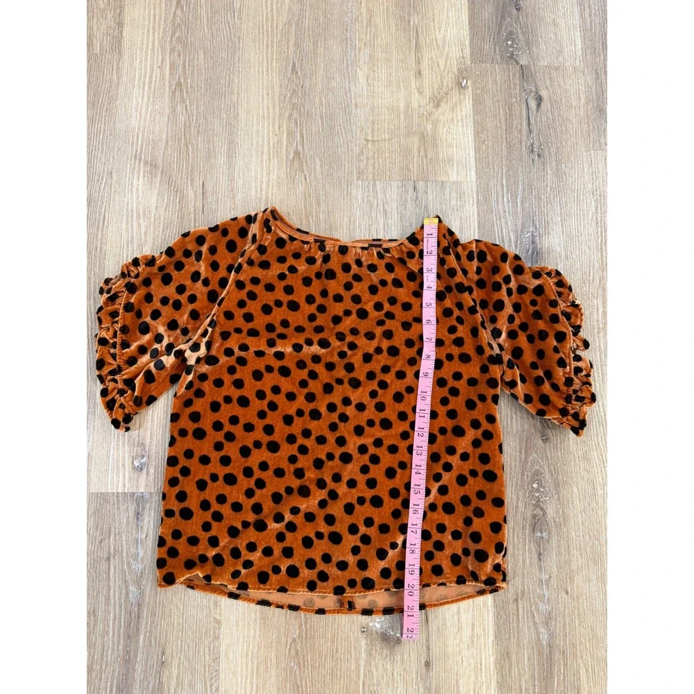 Madewell Velvet Top Womens XS Burnt Orange Polka Dot Ruffle Sleeve Excellent‎